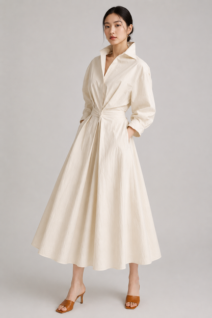 Women's Collared Belted Shirt Dress | Elegant Midi Dress | Steven & Levon