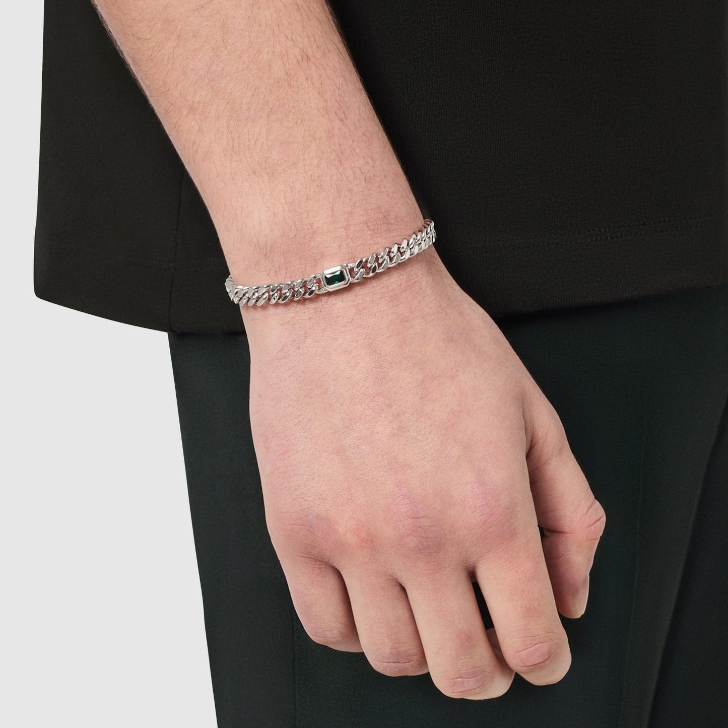 Emerald Cuban Bracelet | Men | Stainless Steel | Silver & Gold | 6mm Emerald Stone | Steven & Levon