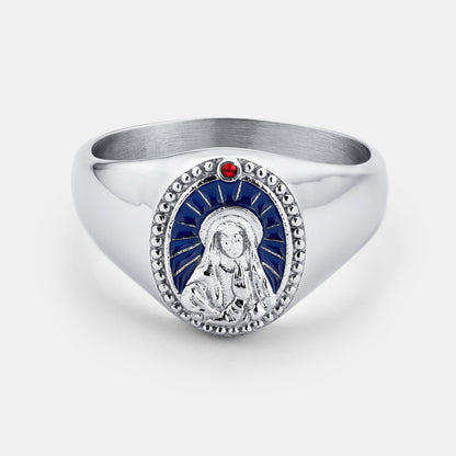 Virgin Mary Ring | Gold or Silver | Unisex | Stainless Steel | Blue Enamel | Signet | Steven & Levon