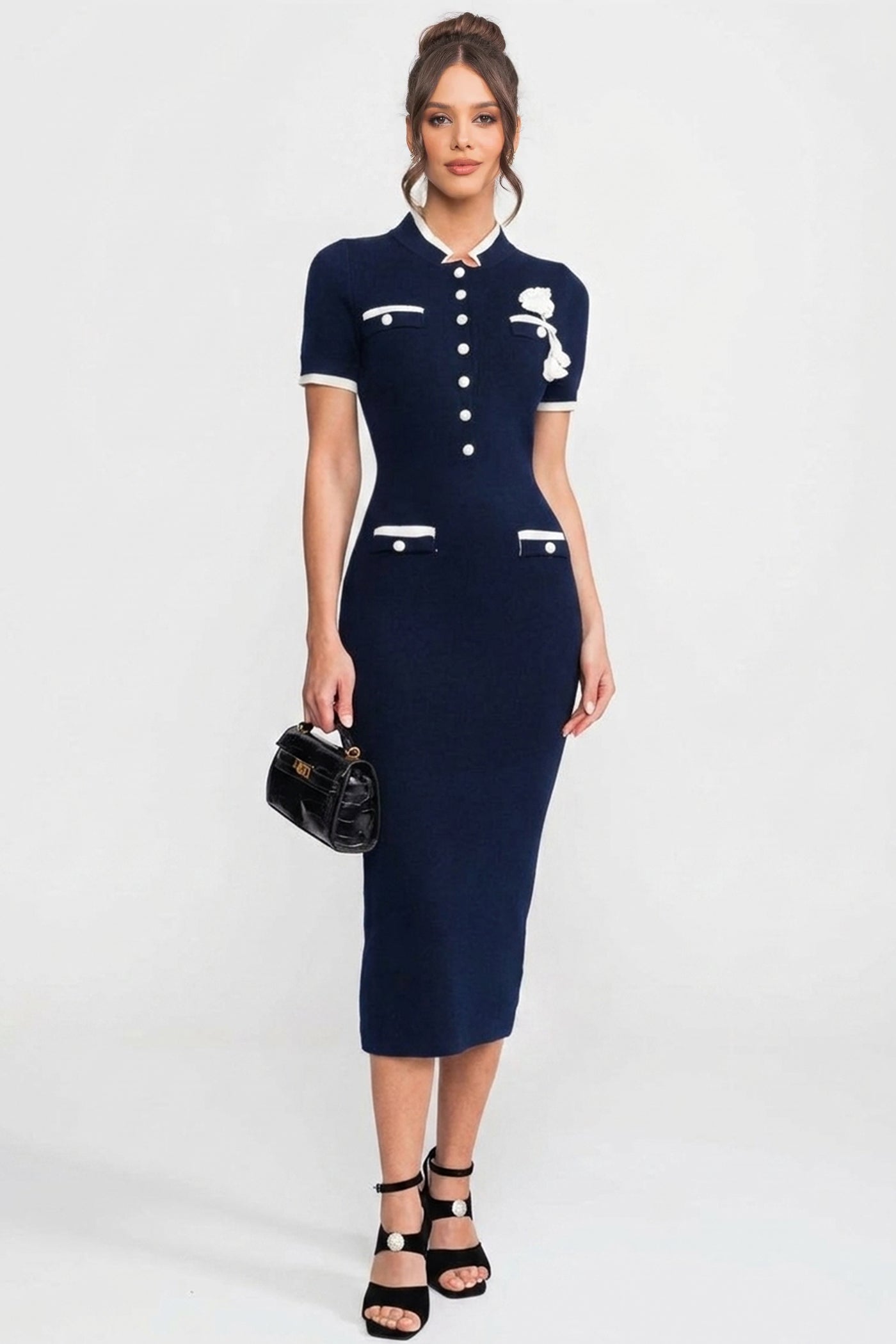 Ribbed Knit Midi Dress | Women's Contrast Trim Knit Dress | Decorative Pockets | Navy | Steven & Levon