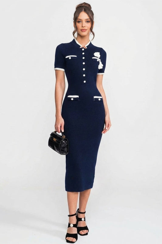 Ribbed Knit Midi Dress | Women's Contrast Trim Knit Dress | Decorative Pockets | Navy | Steven & Levon