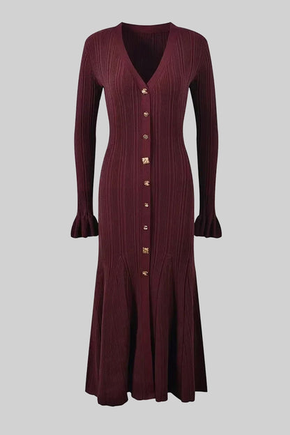V Neck Ribbed Knit Maxi Dress | Women | Button Front | Ruffle Cuffs | Burgundy | Steven & Levon