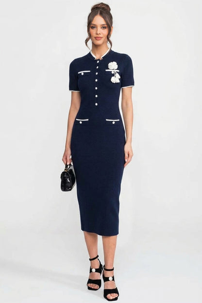 Ribbed Knit Midi Dress | Women's Contrast Trim Knit Dress | Decorative Pockets | Navy | Steven & Levon
