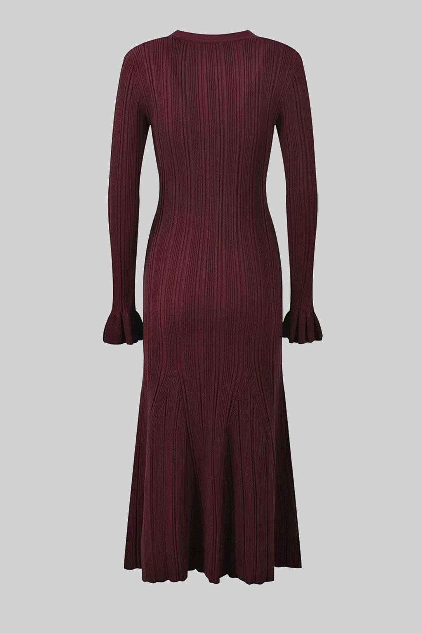 V Neck Ribbed Knit Maxi Dress | Women | Button Front | Ruffle Cuffs | Burgundy | Steven & Levon