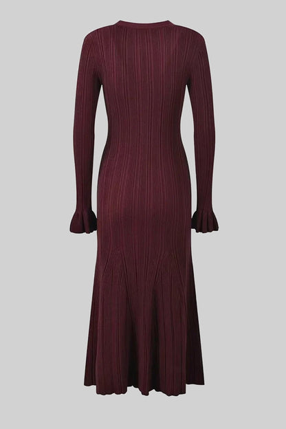 V Neck Ribbed Knit Maxi Dress | Women | Button Front | Ruffle Cuffs | Burgundy | Steven & Levon