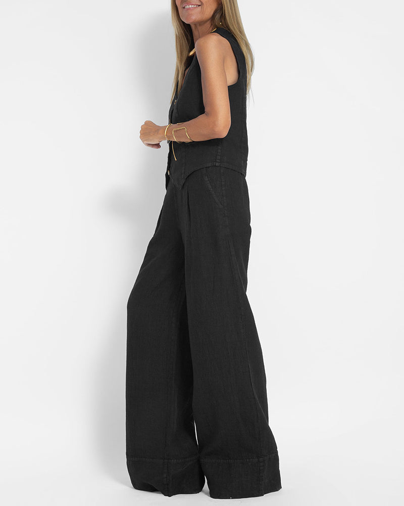 Linen 2-Piece Set | Women | Linen | Wide-Leg Trousers | Button Vest | Steven & Levon
