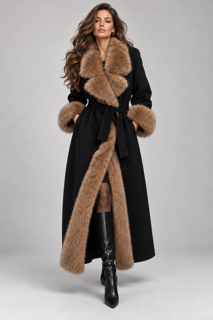 Women's Vintage Wool Coat | Faux Fur | V-Neck Lace-Up | Winter Outerwear | Steven & Levon
