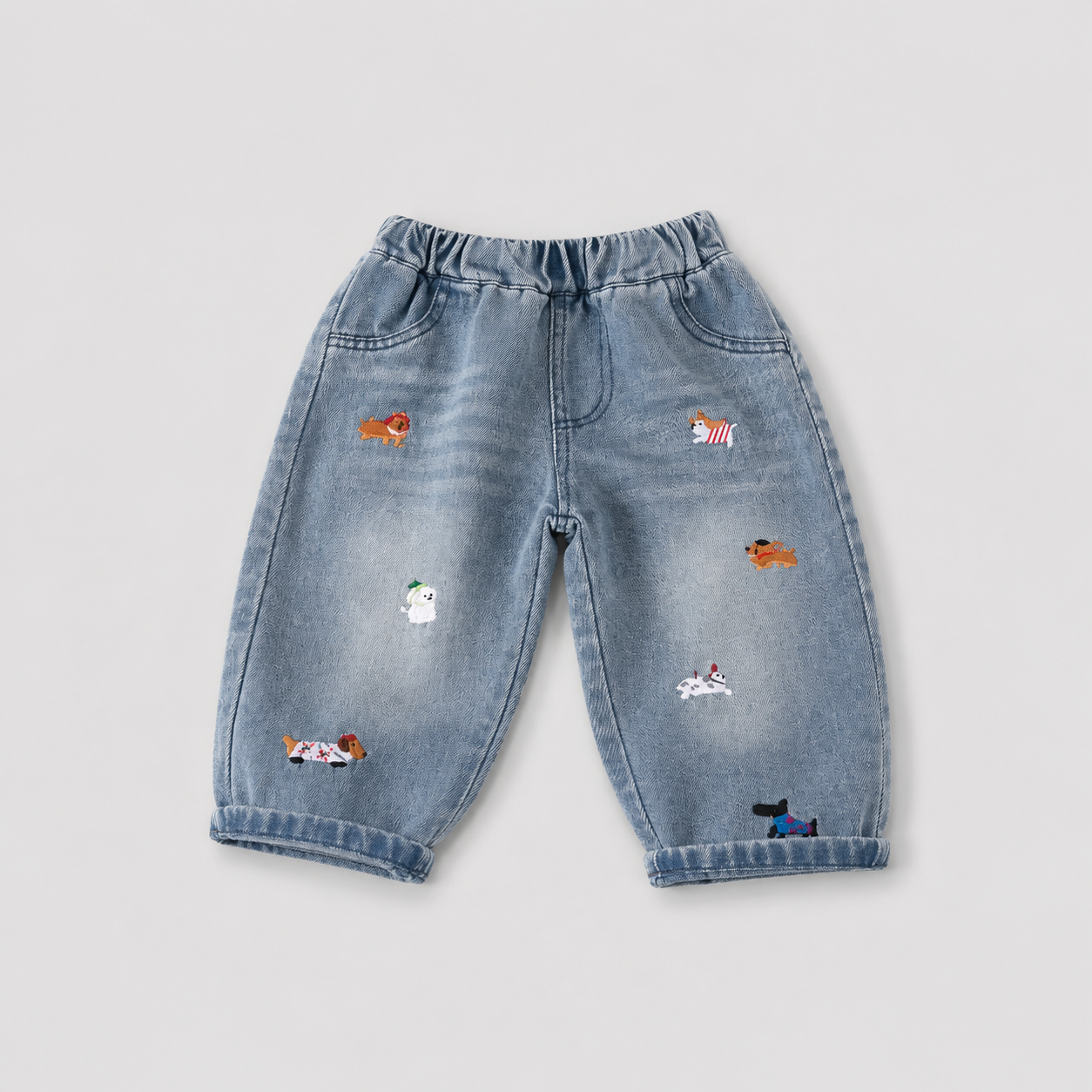 Kids Animal Embroidered Denim Jeans | Boys & Girls | Elastic Waist | Loose Fit | Casual Pants | Steven & Levon