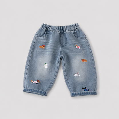 Kids Animal Embroidered Denim Jeans | Boys & Girls | Elastic Waist | Loose Fit | Casual Pants | Steven & Levon