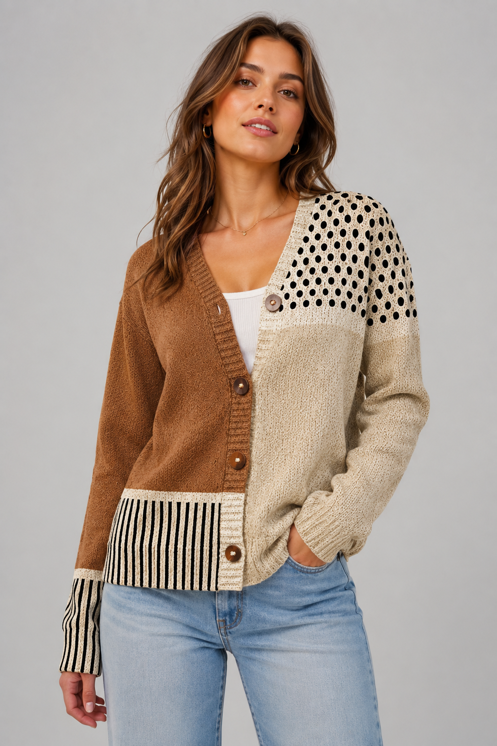 Polka Dot Knit Cardigan | Women | Button Front | Soft Knit | Retro Everyday Style | Steven & Levon