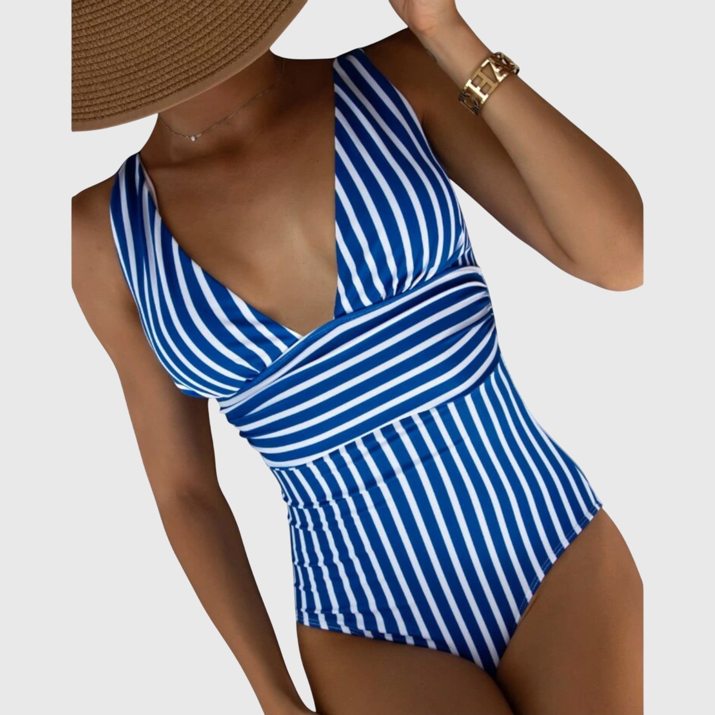 Striped One-Piece Swimsuit | Women | Nylon & Spandex Blend | V-Neck Stretch Fit Swimwear | Steven & Levon