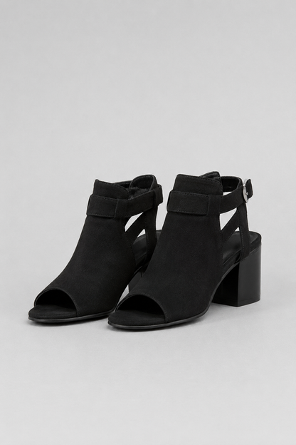 Elegant Peep-Toe Block Heel Sandals | Buckle Ankle Strap & Cut-Out Design | Steven & Levon