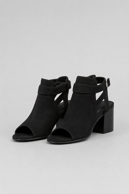 Elegant Peep-Toe Block Heel Sandals | Buckle Ankle Strap & Cut-Out Design | Steven & Levon