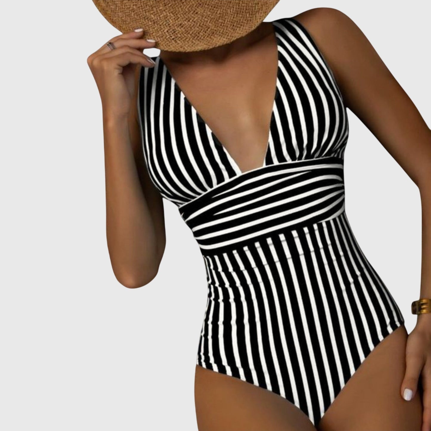 Striped One-Piece Swimsuit | Women | Nylon & Spandex Blend | V-Neck Stretch Fit Swimwear | Steven & Levon