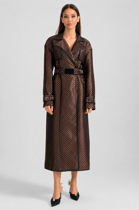 Women's Jacquard Trench Coat | Brown | Wide Lapel | Gold Buckle Belt | Steven & Levon