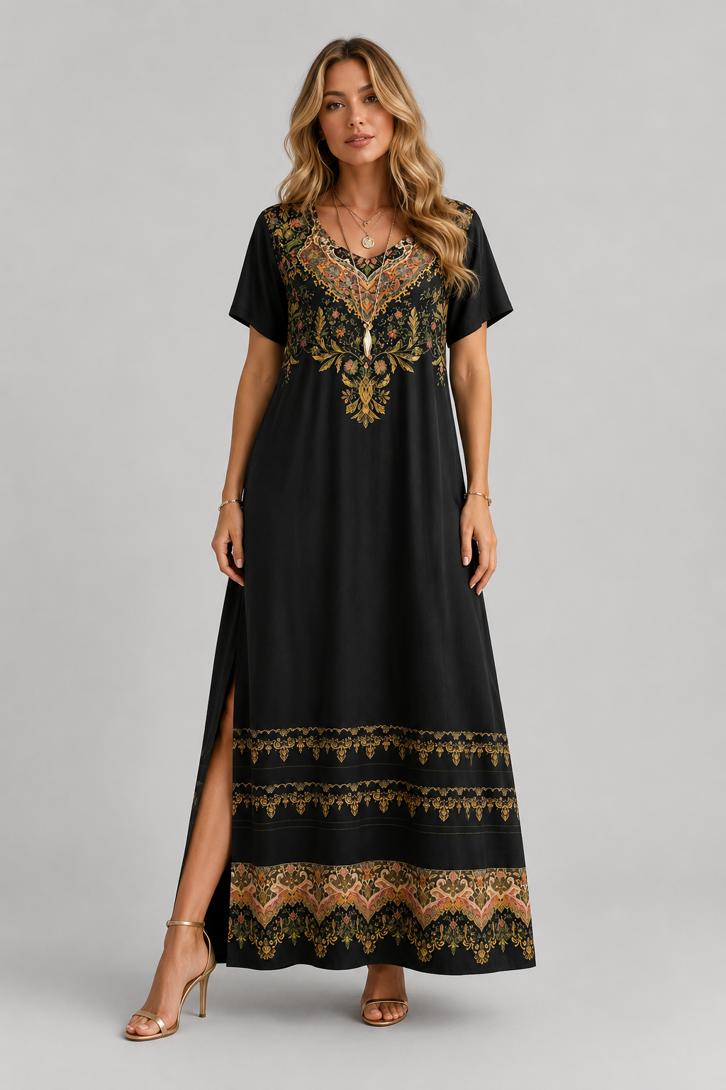 Maxi Dress | Women's Floral V-Neck Short Sleeve Side Split Dress | Steven & Levon