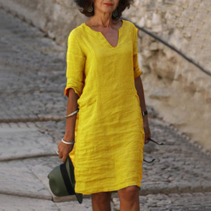 Aarnelle | Linen V Neck Dress | Women | Relaxed Fit | Lightweight Summer | Steven & Levon