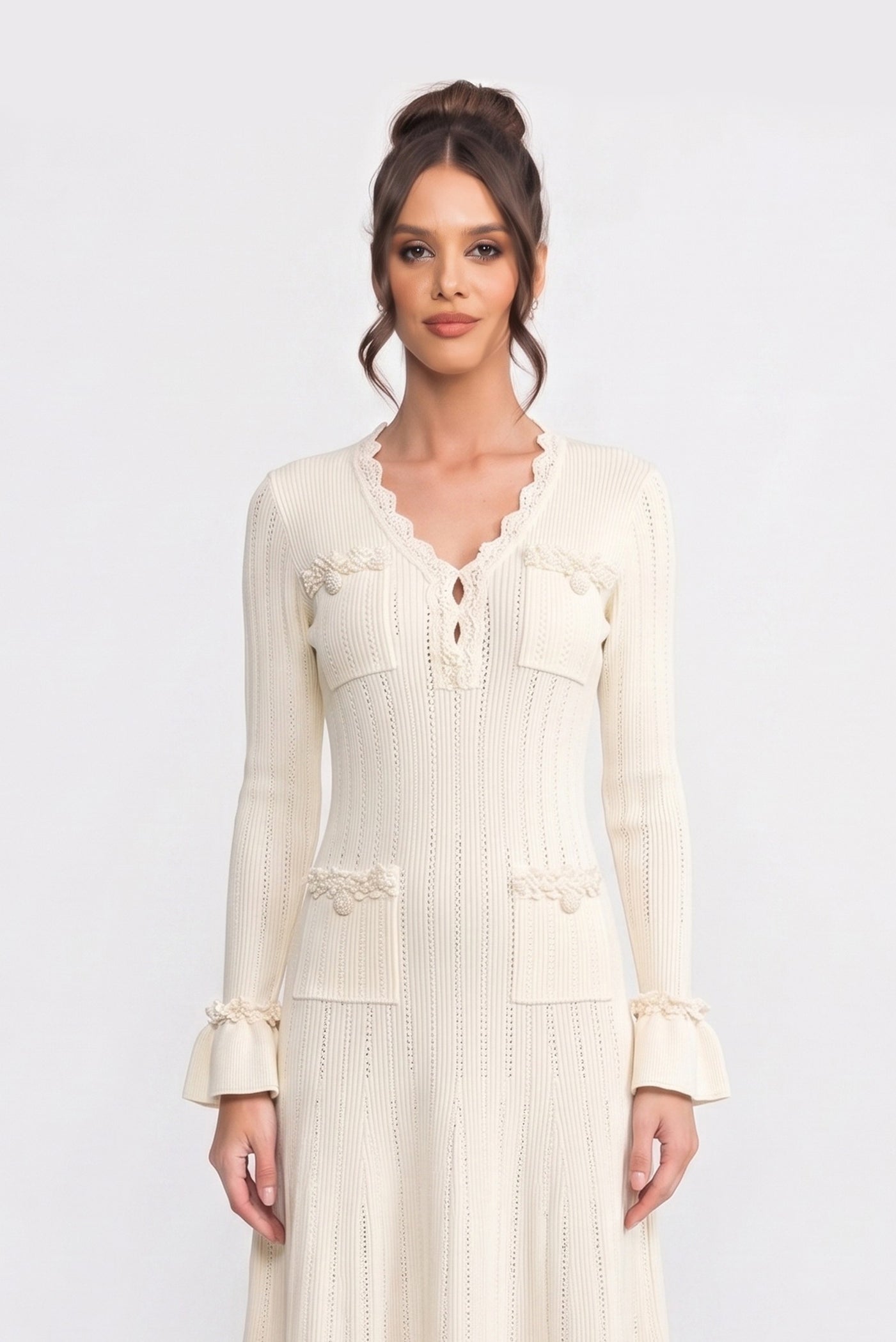 V-Neck Knit Midi Dress | Women's Long Sleeve Knit Dress | Ruffle Hem | Bow Cuffs | Ivory | Steven & Levon