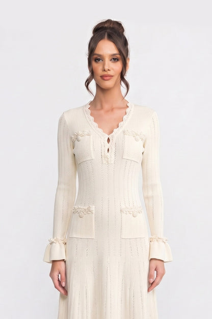 V-Neck Knit Midi Dress | Women's Long Sleeve Knit Dress | Ruffle Hem | Bow Cuffs | Ivory | Steven & Levon