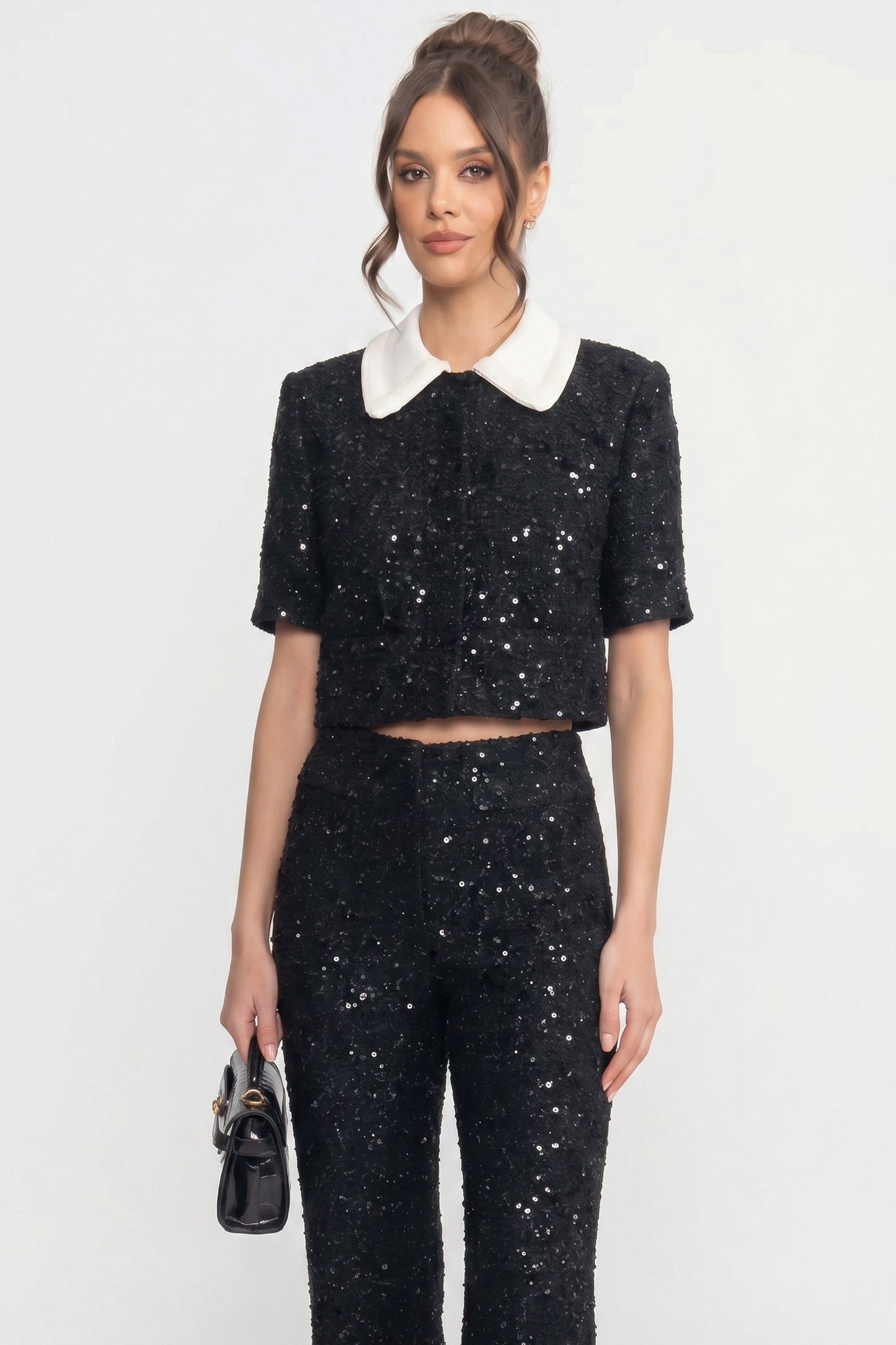 Tweed Cropped Jacket | Women | Contrast Collar | Sequin Detail | Black | Steven & Levon