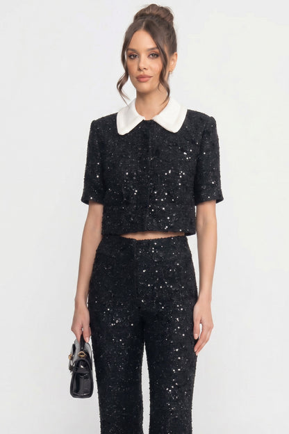 Tweed Cropped Jacket | Women | Contrast Collar | Sequin Detail | Black | Steven & Levon