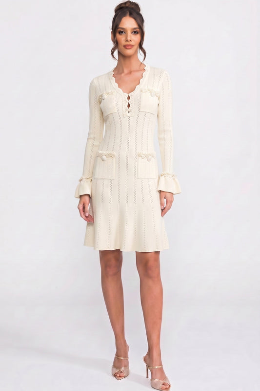 V-Neck Knit Midi Dress | Women's Long Sleeve Knit Dress | Ruffle Hem | Bow Cuffs | Ivory | Steven & Levon