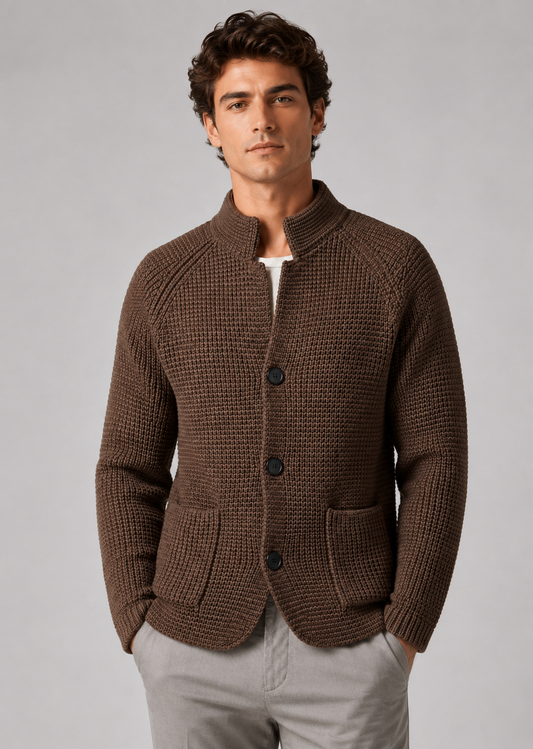 Men's Chunky Knit Cardigan | Stand Collar | Button Front | Warm Sweater | Smart Casual | Steven & Levon