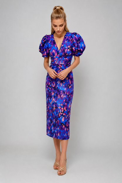 Women's Puff Sleeve Print Midi Dress | Floral Occasion Dress | Steven & Levon