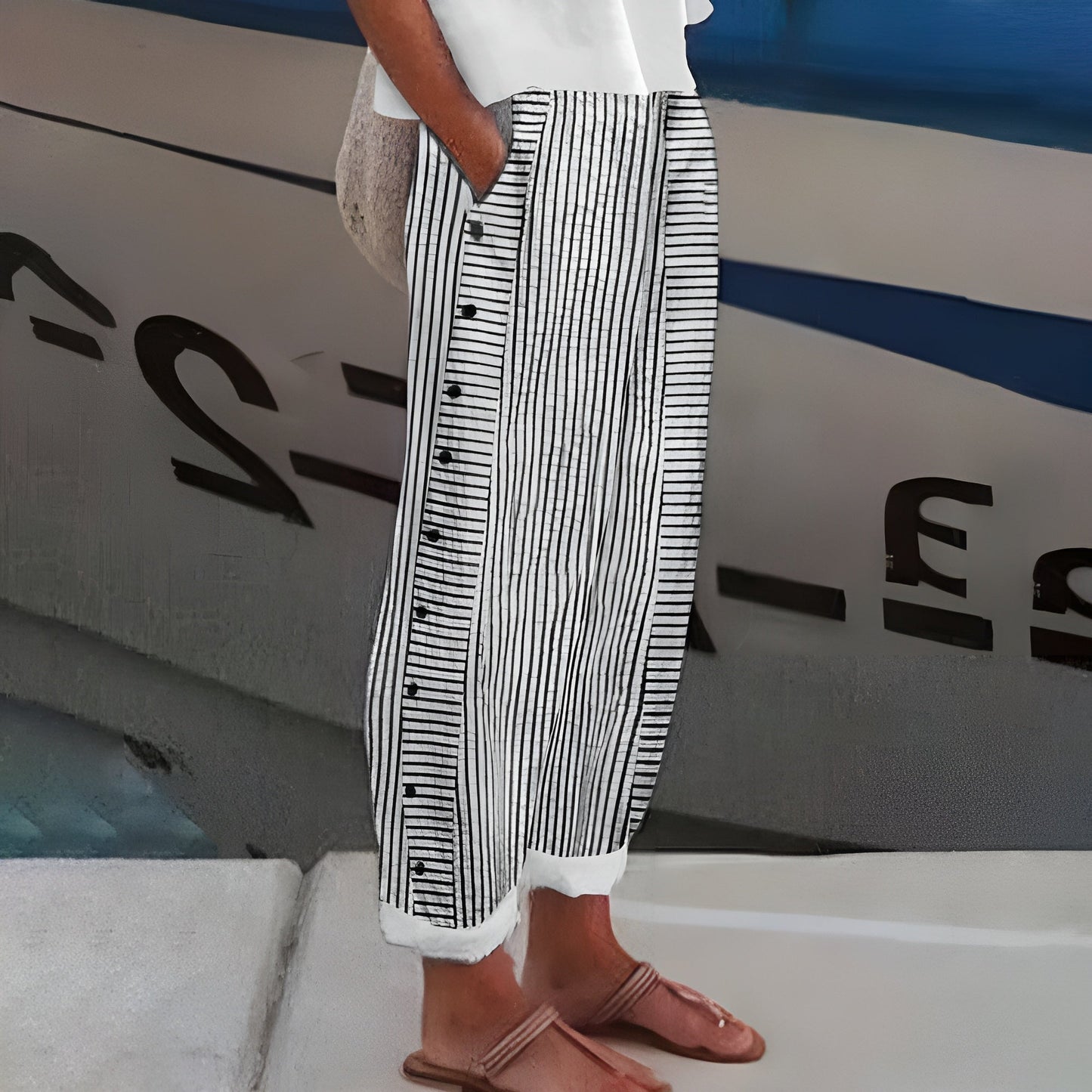 Striped Casual Pants | Women | Button Detail | Relaxed Fit | Everyday Trousers | Steven & Levon