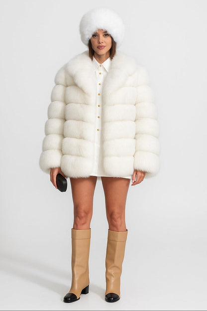 Tiered Fox Fur Jacket | Women's Luxury Fur Coat | Oversized Shawl Collar, White Statement Outerwear | Steven & Levon