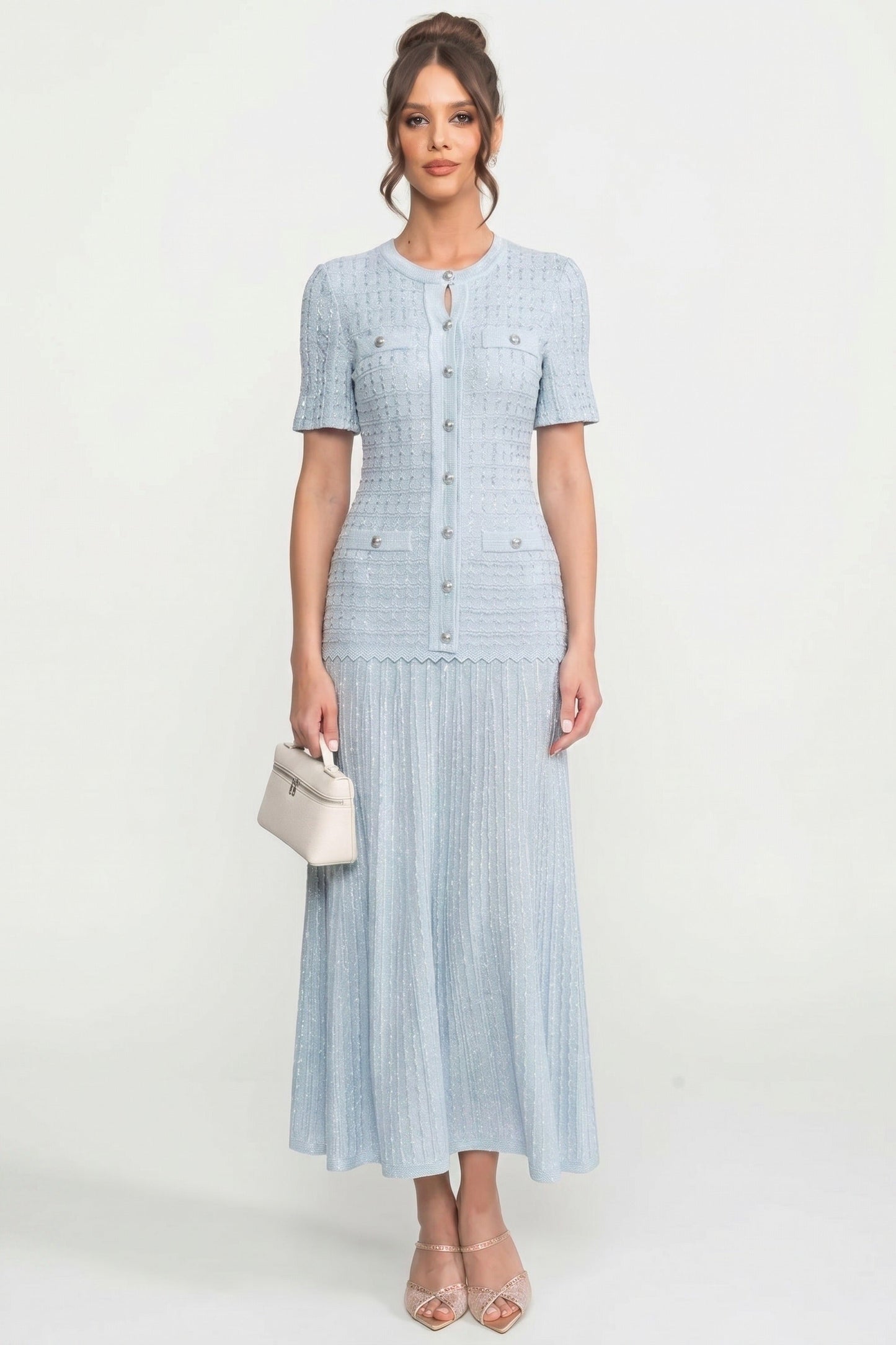Short Sleeve Midi Dress | Women | Shimmer Knit Texture | Light Blue | Lightweight Elegant Dress | Steven & Levon
