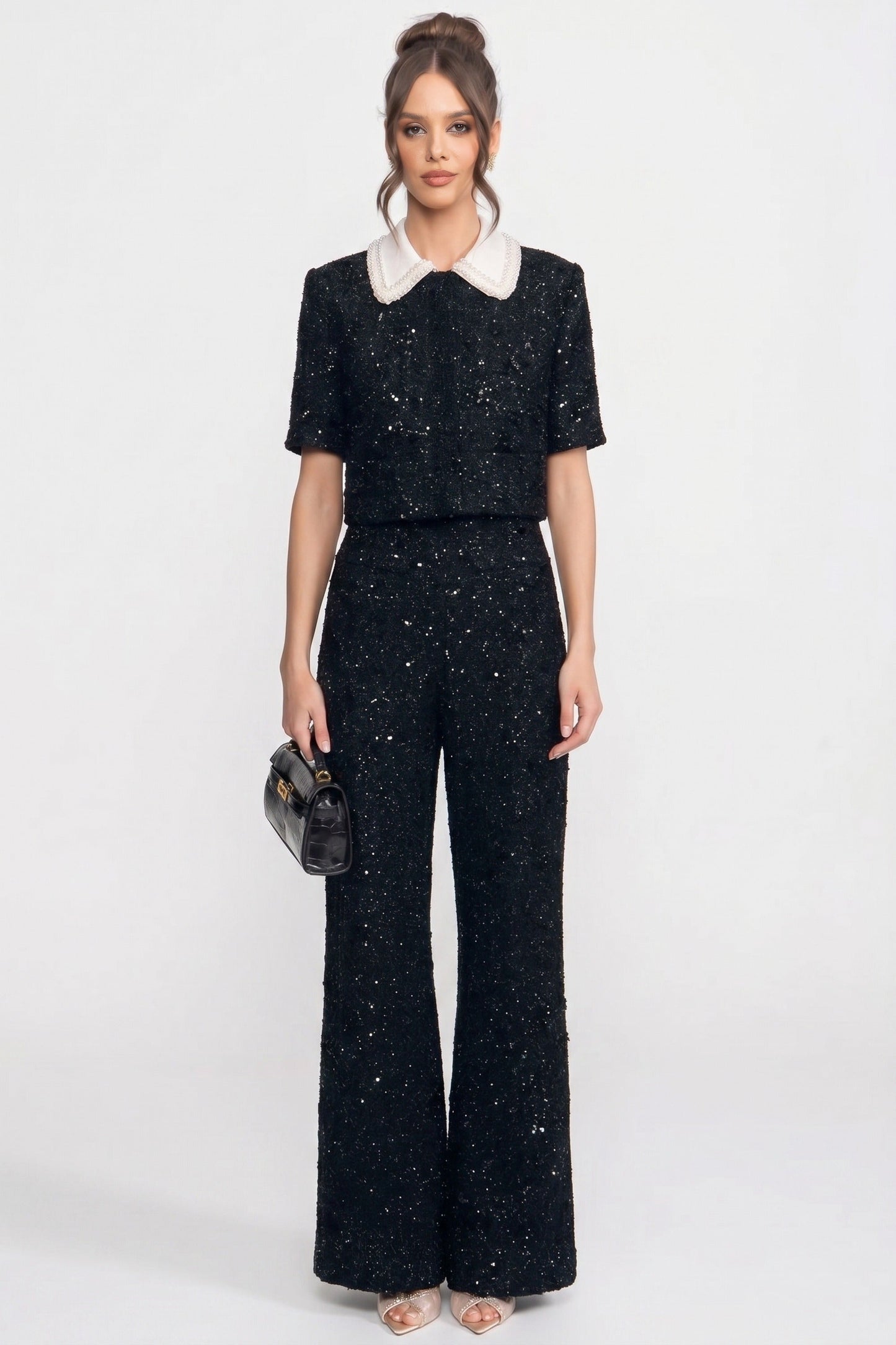 Wide Leg Tweed Trousers | Women | Sequin Detail | Black | High Waist Tailored Fit | Steven & Levon