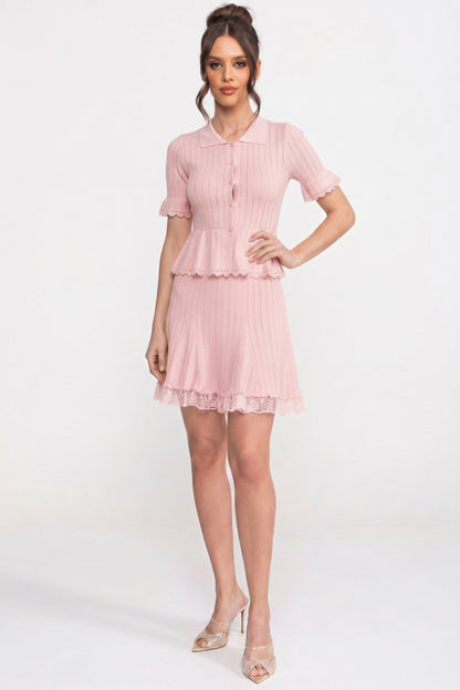 Peter Pan Collar Knit Top & Skirt Set | Women | Lace Hem | Button Front | Pink | Steven & Levon