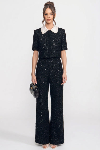 Tweed Cropped Jacket | Women | Contrast Collar | Sequin Detail | Black | Steven & Levon