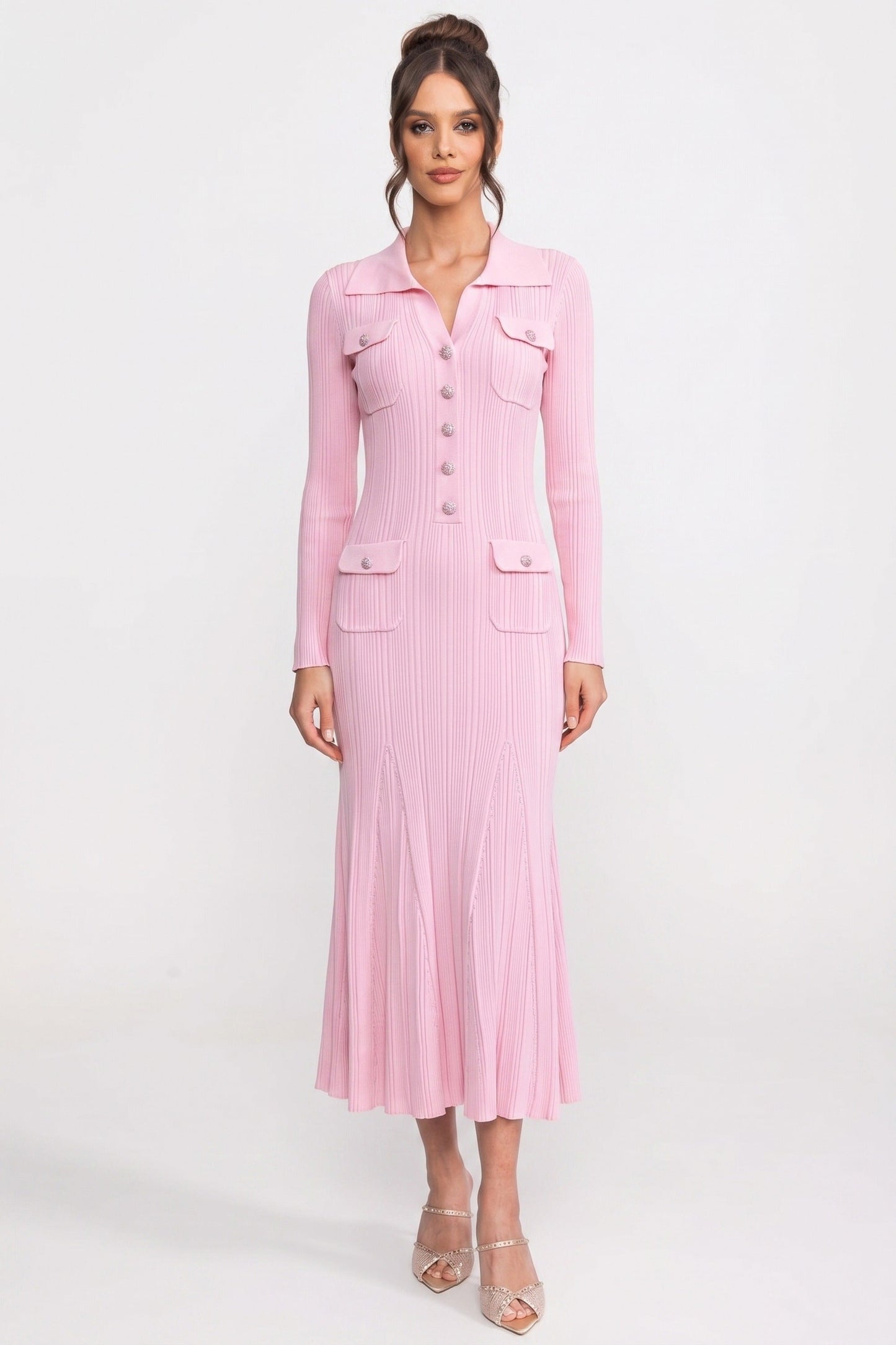 Button Front Knit Maxi Dress | Women's Long Sleeve Knit Dress | Patch Pockets | Pink | Steven & Levon