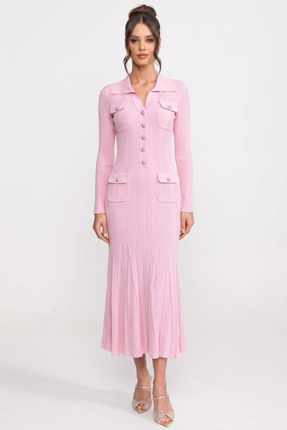 Button Front Knit Maxi Dress | Women's Long Sleeve Knit Dress | Patch Pockets | Pink | Steven & Levon