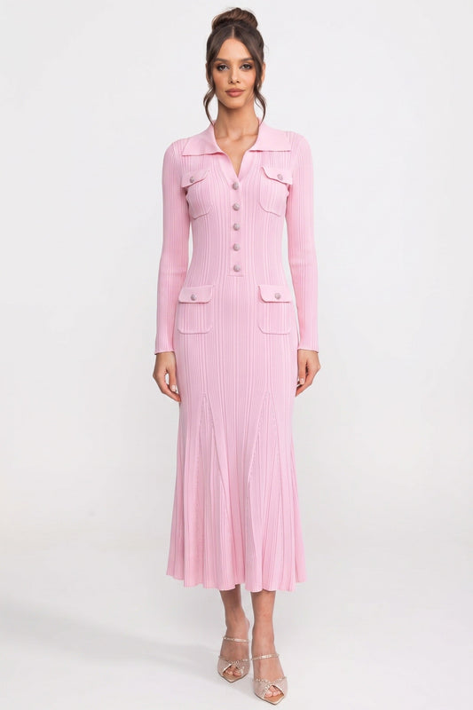 Button Front Knit Maxi Dress | Women's Long Sleeve Knit Dress | Patch Pockets | Pink | Steven & Levon