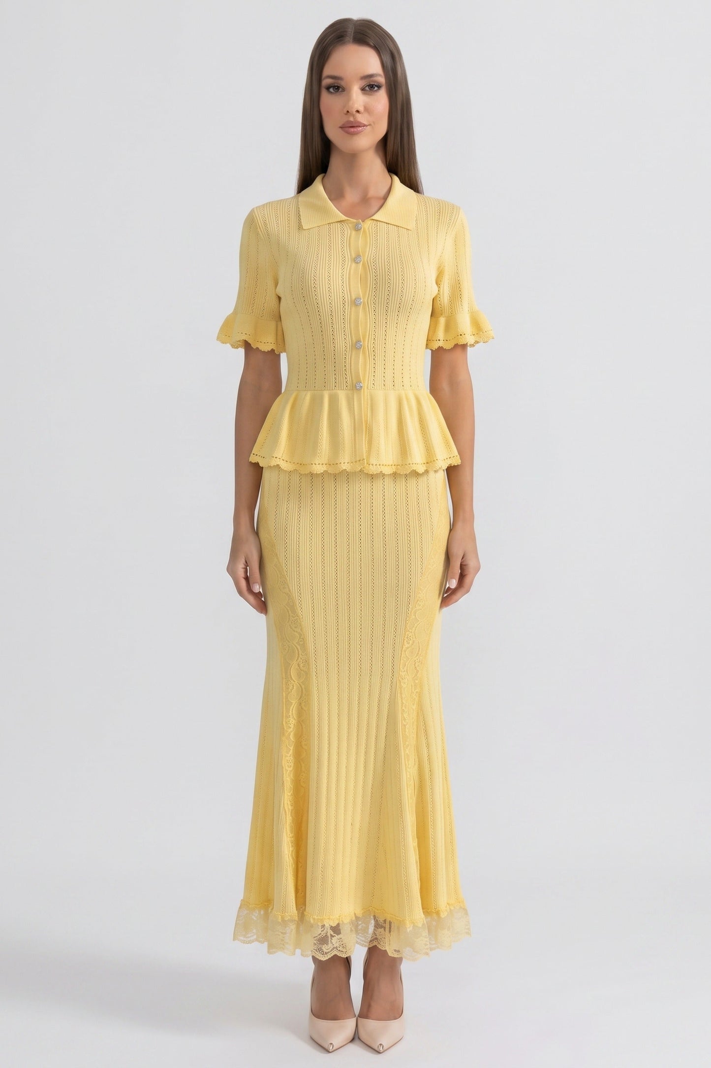 Peter Pan Collar Knit Maxi Dress | Women's Peplum Knit Dress | Lace Hem | Yellow | Steven & Levon