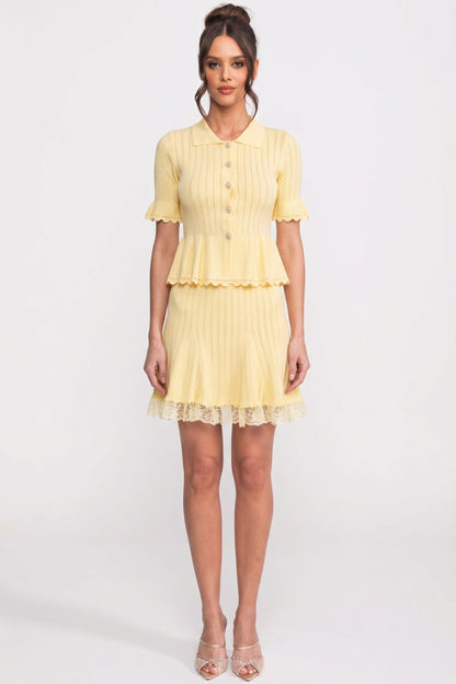 Peter Pan Collar Knit Mini Dress | Women's Peplum Knit Dress | Lace Hem | Yellow | Steven & Levon
