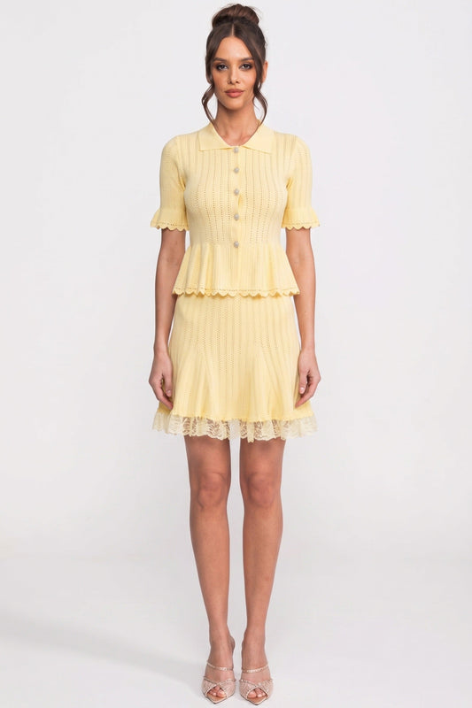 Peter Pan Collar Knit Mini Dress | Women's Peplum Knit Dress | Lace Hem | Yellow | Steven & Levon