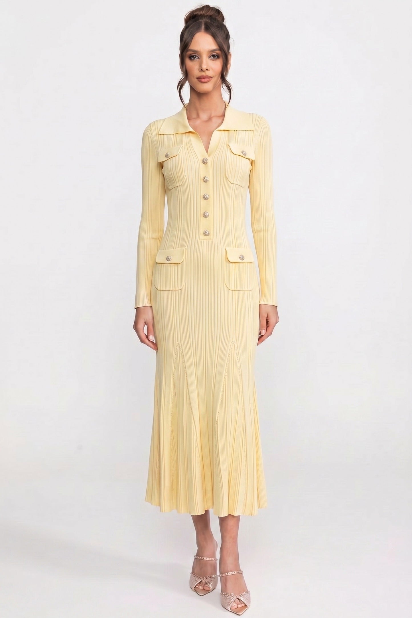 Button Front Knit Maxi Dress | Women's Long Sleeve Knit Dress | Patch Pockets | Yellow | Steven & Levon
