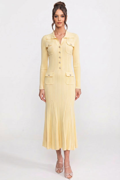 Button Front Knit Maxi Dress | Women's Long Sleeve Knit Dress | Patch Pockets | Yellow | Steven & Levon