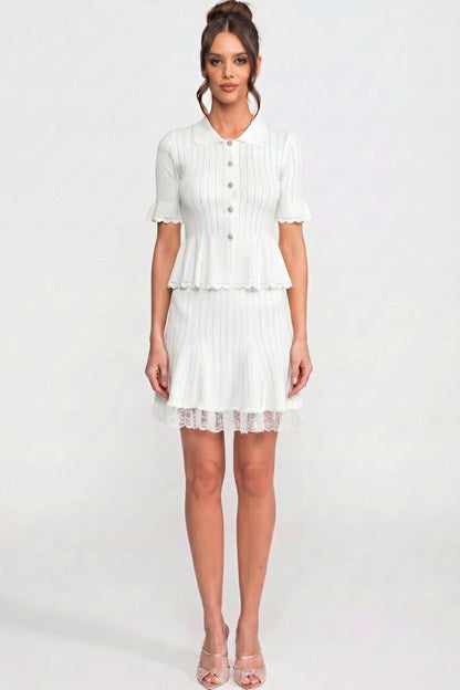 Peter Pan Collar Knit Top & Skirt Set | Women | Lace Hem | Button Front | White | Steven & Levon