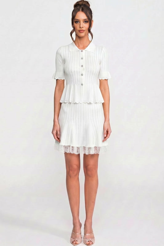 Peter Pan Collar Knit Top & Skirt Set | Women | Lace Hem | Button Front | White | Steven & Levon