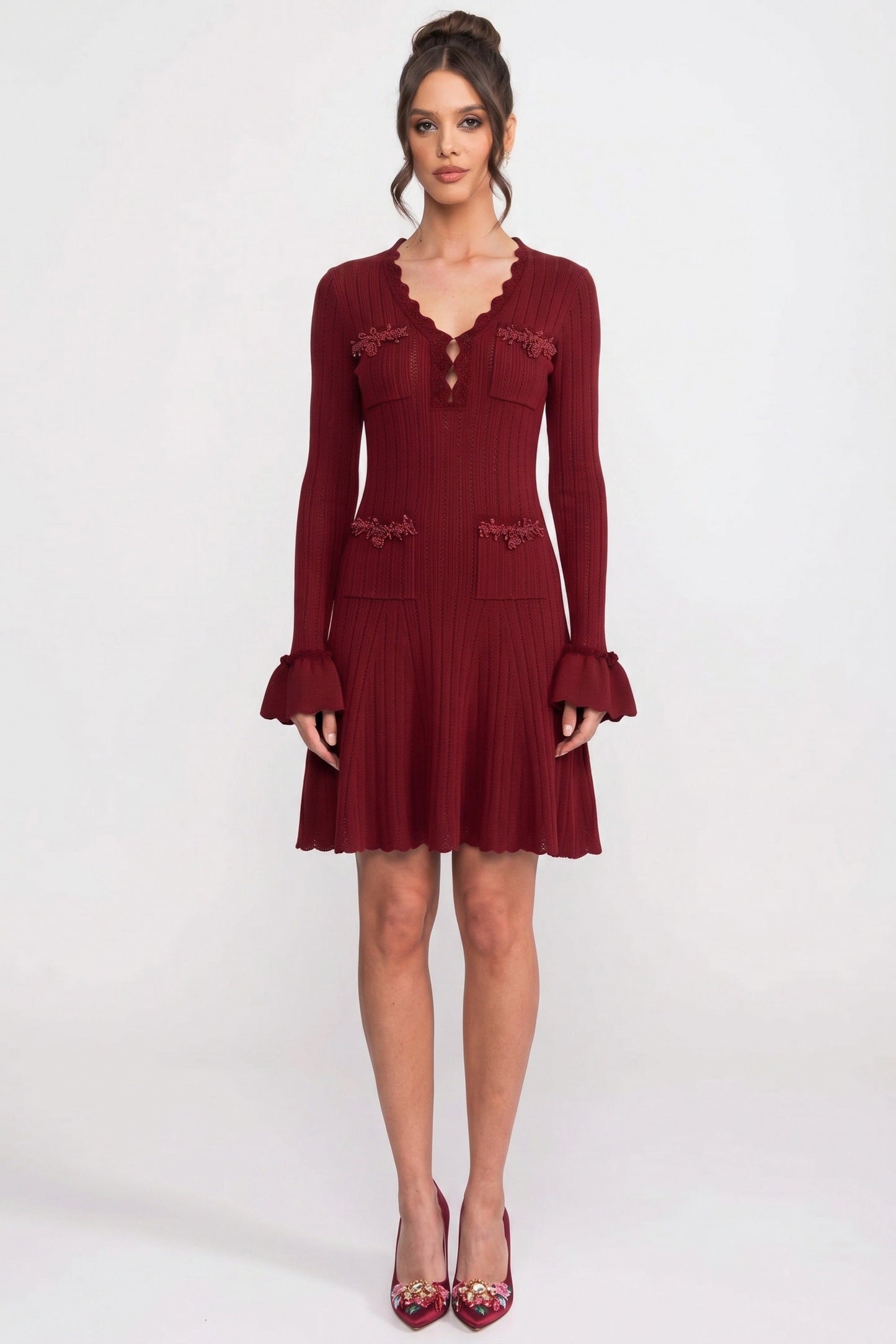 V-Neck Knit Midi Dress | Women's Long Sleeve Knit Dress | Ruffle Hem | Bow Cuffs | Burgundy | Steven & Levon