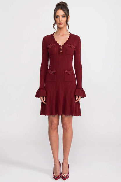 V-Neck Knit Midi Dress | Women's Long Sleeve Knit Dress | Ruffle Hem | Bow Cuffs | Burgundy | Steven & Levon