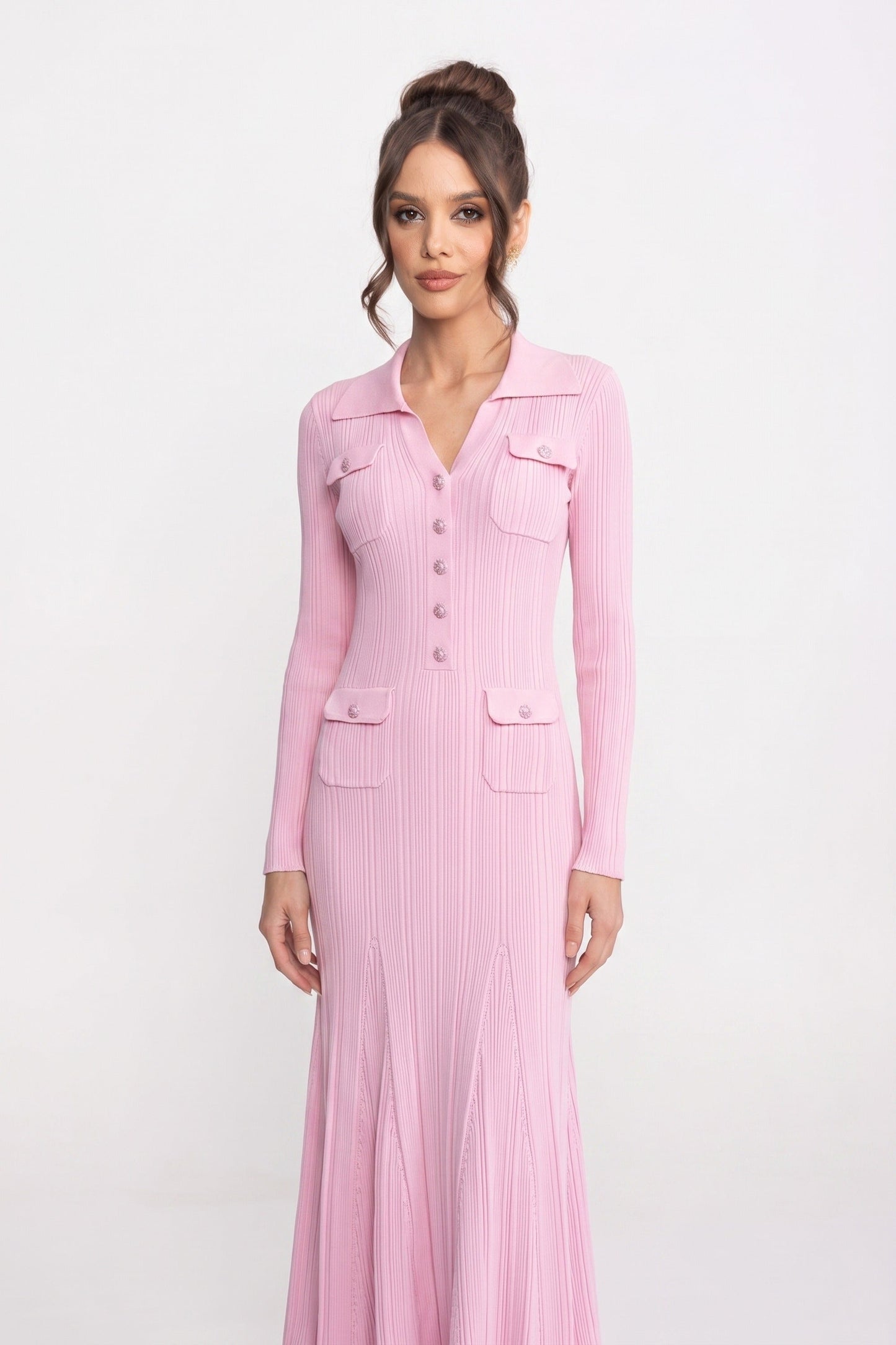 Button Front Knit Maxi Dress | Women's Long Sleeve Knit Dress | Patch Pockets | Pink | Steven & Levon