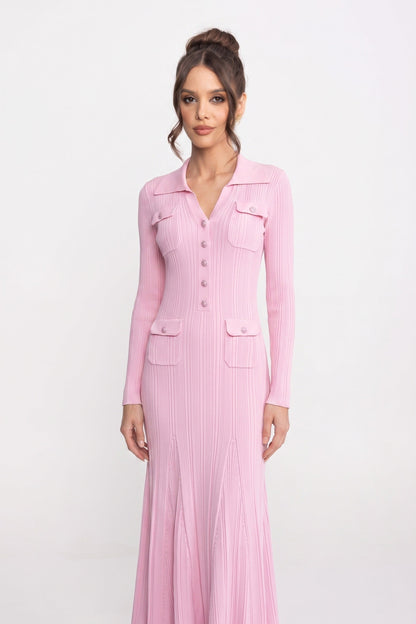 Button Front Knit Maxi Dress | Women's Long Sleeve Knit Dress | Patch Pockets | Pink | Steven & Levon