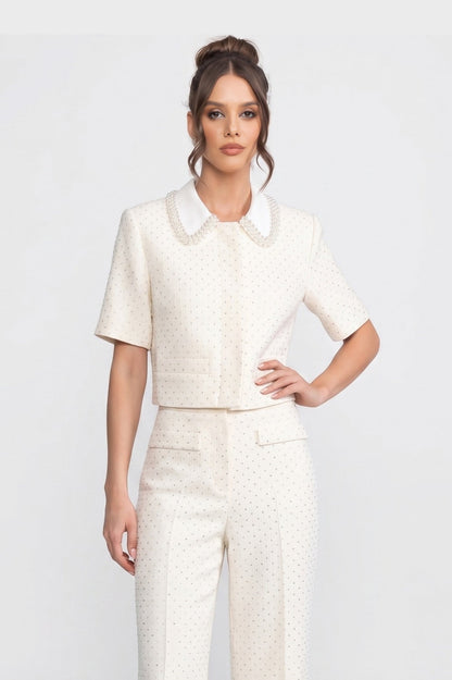 Short Sleeve Tweed Cropped Jacket | Women | Crystal Collar | Embellished | Ivoire | Steven & Levon