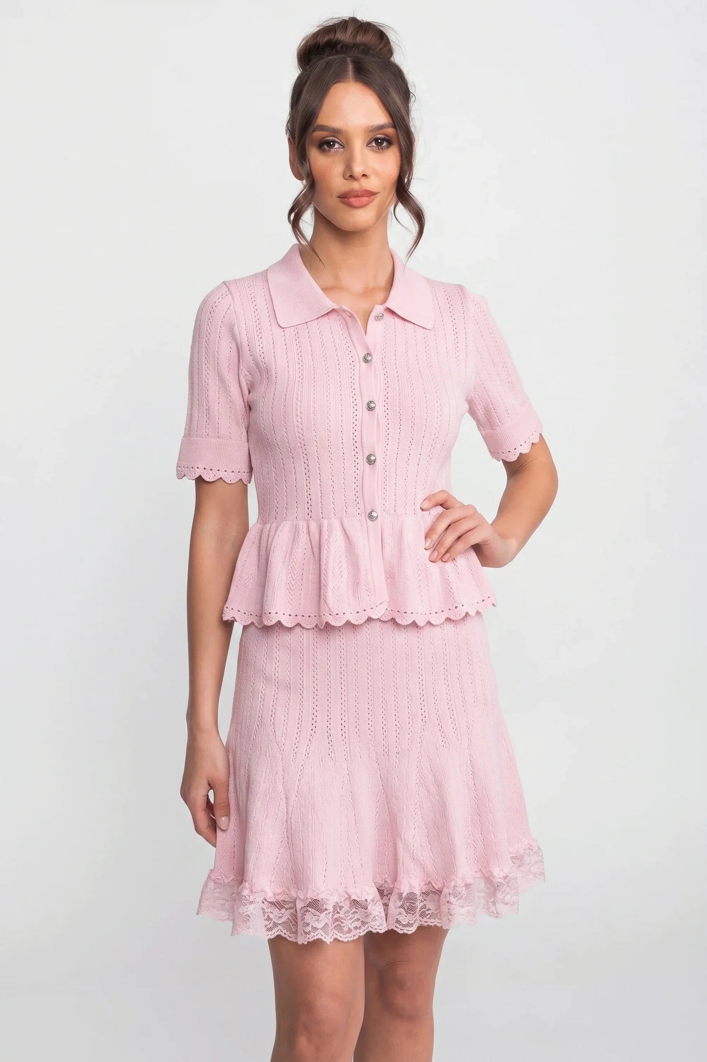 Peter Pan Collar Knit Top & Skirt Set | Women | Lace Hem | Button Front | Pink | Steven & Levon